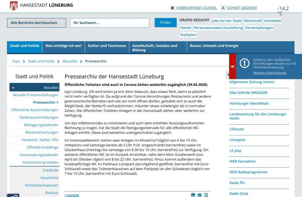Screenshot der Homepage der Hansestadt zum Begriff WC, nur 1 Treffer zu einer PM, mehr nicht