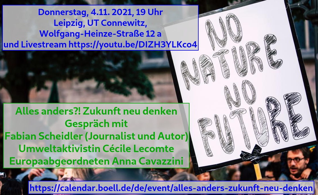 sharepic mit den Veranstaltungsdaten wie im text zum Beitrag und im hintergrund, Demobild mit Schild "no nature no future"