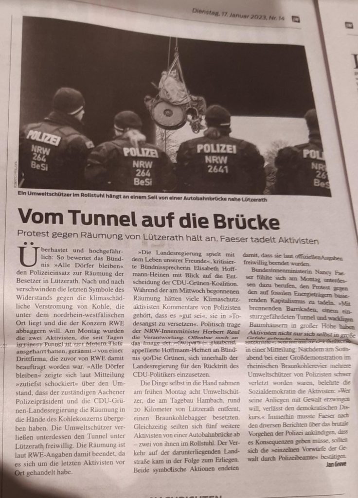 Screenshot von Junge Welt Artikel " Vom Tunnel auf die Brücke" mit bild der Kletteraktion
