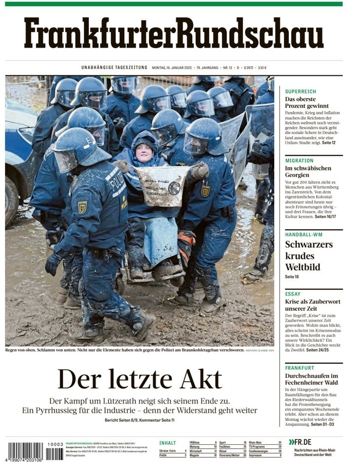 Titelseile Frankfurter Rundschau 16.1.23 mit Bild einer Rollstuhlfahrerin die getragen wird und Fahne "übrall Polizei nirgendwo Gerechtligkeit"